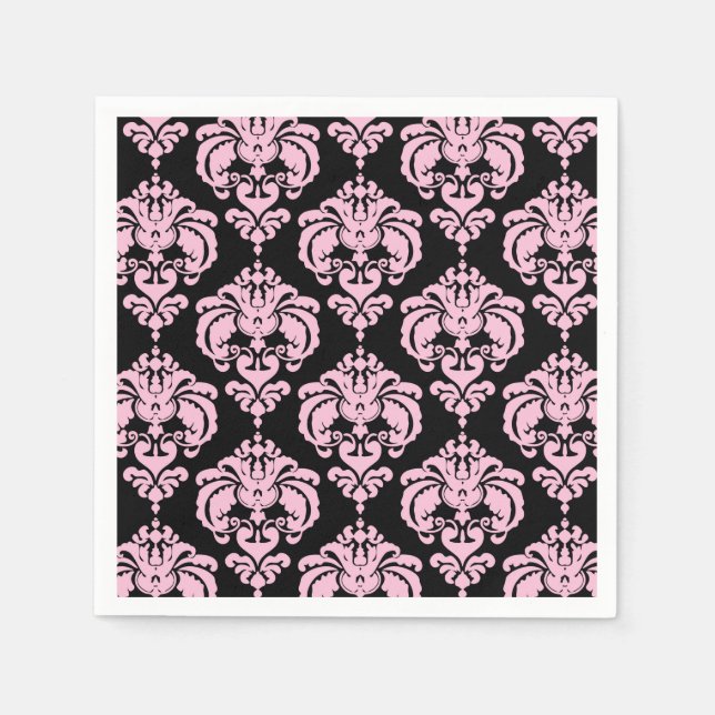 Guardanapo De Papel Rosa Claro Preto Damasko Chic Padrão Elegante Fest (Frente)