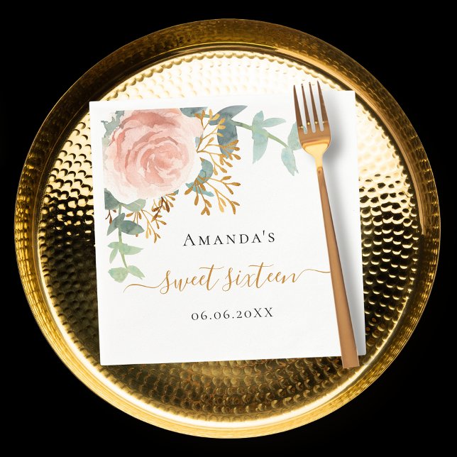 Guardanapo De Papel Rosa de ouro floral verde elegante Sweet 16 (Criador carregado)