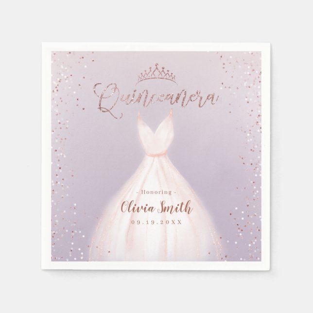 Guardanapo De Papel Rosa de ouro roxo com quinceñera vestido (Frente)