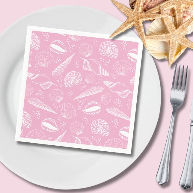Guardanapo De Papel Rosa de Seashell (Pink coastal seashell paper napkin, perfect for summer bbq's at the beach or parties & celebrations.)