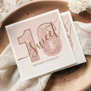 Guardanapo De Papel Rosa Dourado Brilho Letra Doce Aniversário de 16 A