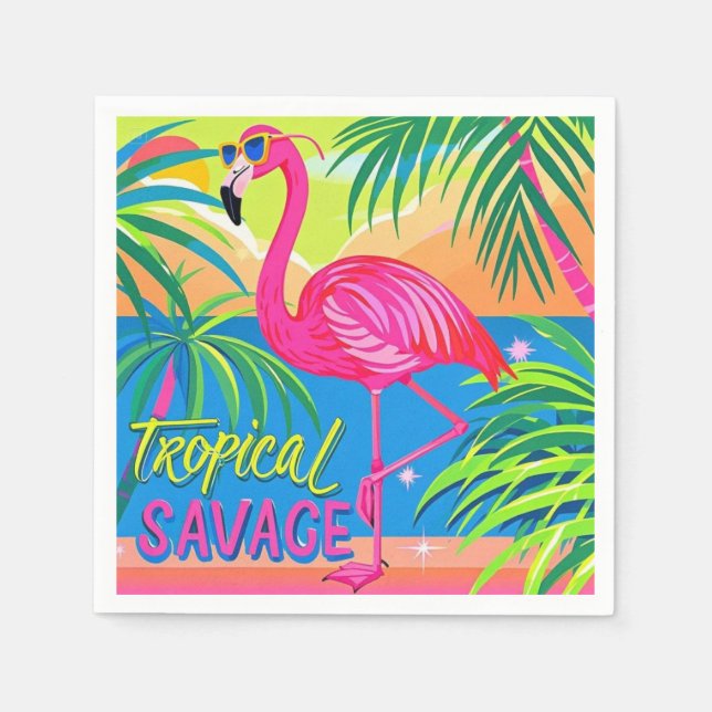 Guardanapo De Papel Rosa flamingo Tropical de pé numa perna (Frente)