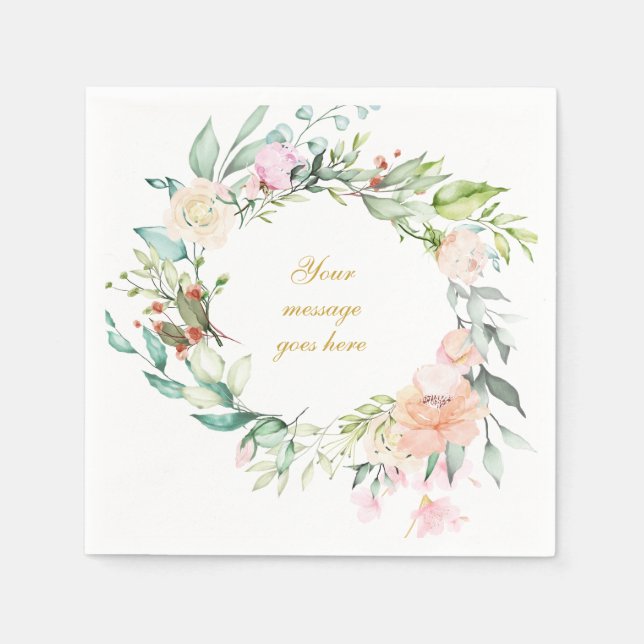Guardanapo De Papel Rosa Floral com Letreiro Dourado Personalizado (Frente)