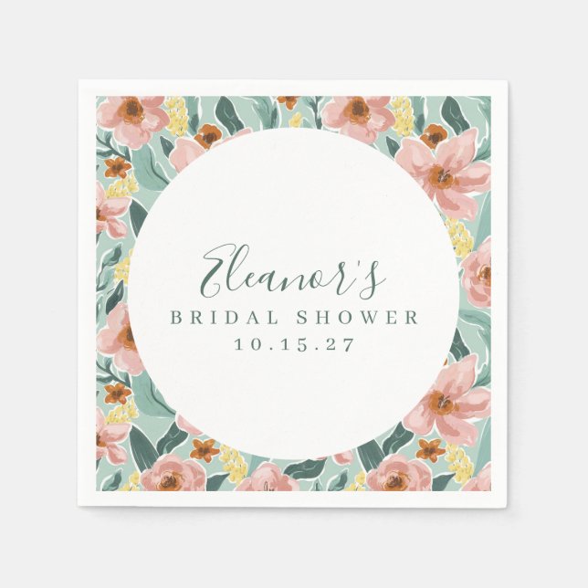 Guardanapo De Papel Rosa Floral Script Noiva Personalizado Menta Salvi (Frente)