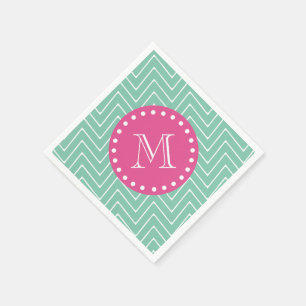 Guardanapo De Papel Rosa quente, hortelã Chevron verde seu monogram