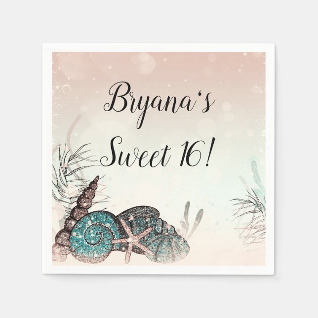 Guardanapo De Papel Rosa sob o Mar Shells Beach Sweet 16 Party (Frente)