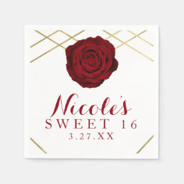 Guardanapo De Papel Rosa Vermelha & Linhas Douradas Floral Elegante Fe