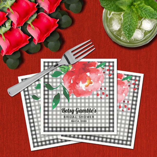 Guardanapo De Papel Rosa vermelha no Chá de panela Gingham preto-e-bra (Red Rose on Black and White Gingham Bridal Shower Napkins)