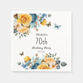Guardanapo De Papel Rosas Azuis Amarelos Borboletas 70 Aniversário