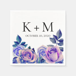 Guardanapo De Papel Rosas azuis e roxas aquarela. Flores de casamento