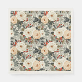 Guardanapo De Papel Rosas Brancas de Natal Elegantes e Berry Vermelho