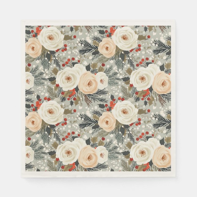 Guardanapo De Papel Rosas Brancas de Natal Elegantes e Berry Vermelho  (Frente)
