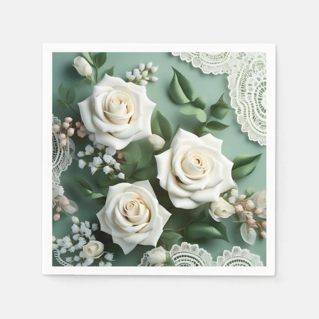 Guardanapo De Papel Rosas Brancas Delicadas E Folhas Verdes (Frente)
