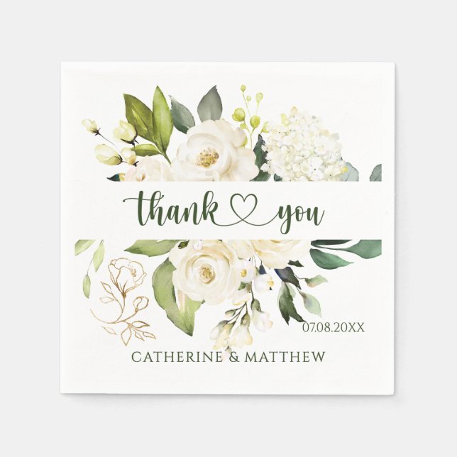 Guardanapo De Papel Rosas Brancas Greenery Obrigado (Frente)