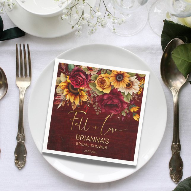 Guardanapo De Papel Rosas burguns de chá de panela de queda (Fall in love burgundy roses sunflowers autumn fall bridal shower personalized napkins)