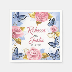 Guardanapo De Papel Rosas cor-de-rosa e azuis Floral Modern Boho