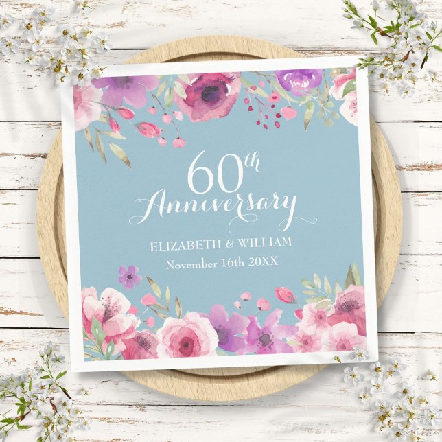 Guardanapo De Papel rosas de Aquarela de 60 anos Floral (60th Wedding Anniversary Watercolor Roses Floral Napkins)