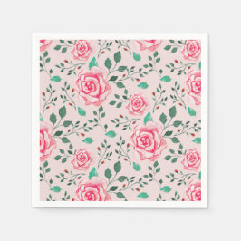 Guardanapo De Papel Rosas de aquarela rosa e verde | Cor-de-rosa