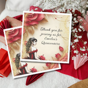 Guardanapo De Papel Rosas de Vestido Dourado vermelho Quinceañera Pers