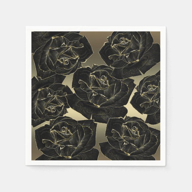 Guardanapo De Papel Rosas Douradas e Pretas Glam Elegante Chique Festa (Frente)