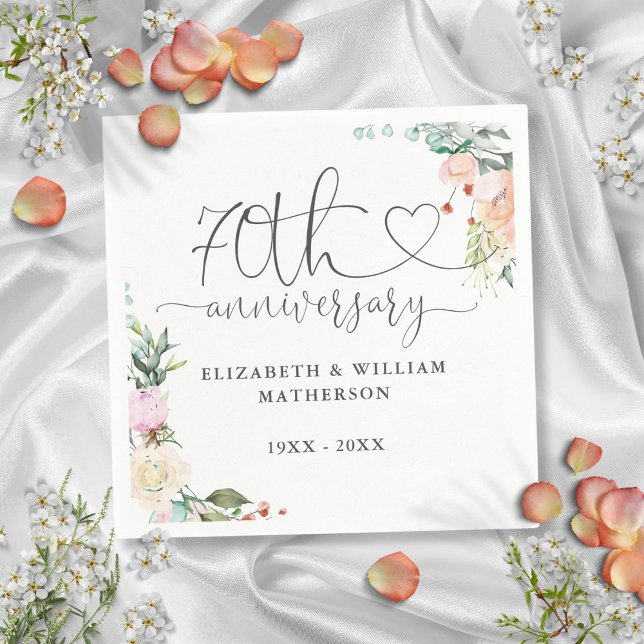 Guardanapo De Papel Rosas Dourados do Coração no 70 (70th Anniversary Gold Heart Roses Floral Napkins)