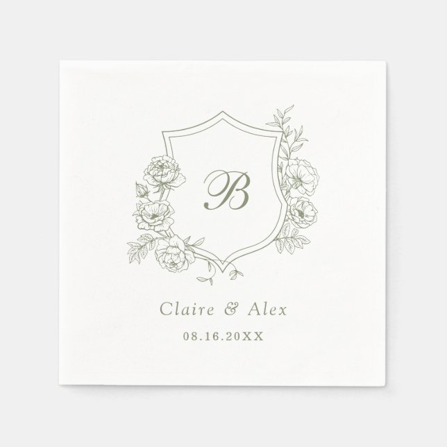 Guardanapo De Papel Rosas Elegantes Florais Monograma Verde Sage (Frente)