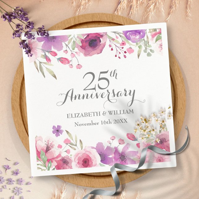Guardanapo De Papel Rosas em Aquarela do 25º Aniversário - Folhagem (25th Anniversary Watercolour Roses Greenery Napkins)