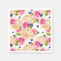 Rosas em Aquarela e Padrão Botânico de Mirtilos