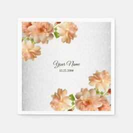 Guardanapo De Papel Rosas em Tom de Pêssego Floral Prata Brilho Casame