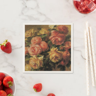 Guardanapo De Papel Rosas em um Vaso de Pierre Renoir, Arte Fino Antig