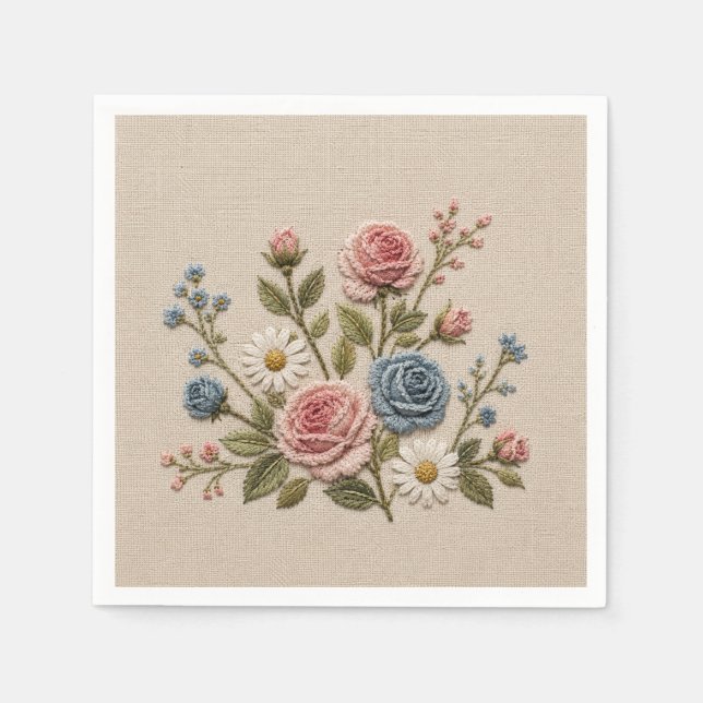 Guardanapo De Papel Rosas Embroidered em Blush & Azul (Frente)