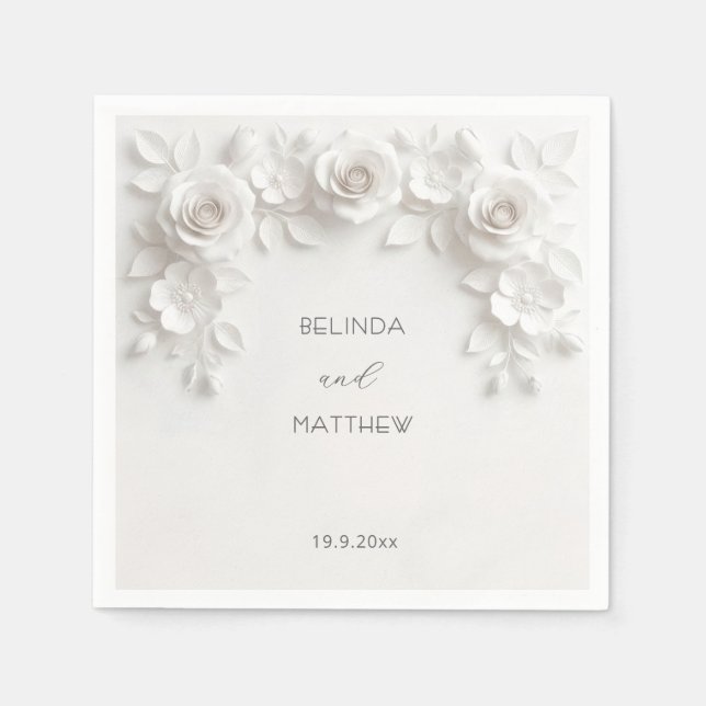 Guardanapo De Papel Rosas Florais 3D Brancas | Casamento (Frente)