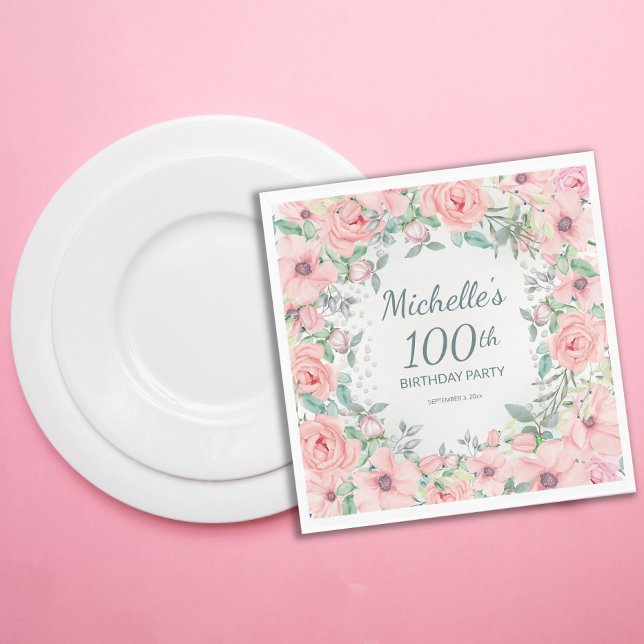 Guardanapo De Papel Rosas Florais em Aquarela Rosa e Pérolas Aniversár (Blush pink floral 100th birthday party paper napkins customized with your text.)