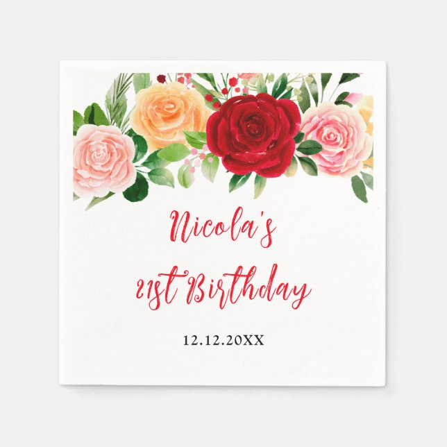 Guardanapo De Papel Rosas Românticas Florais de Aniversário (Frente)