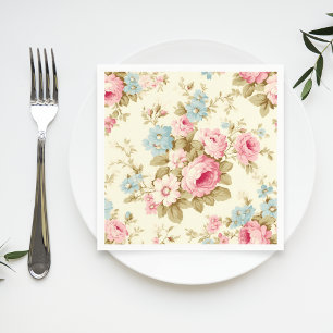 Guardanapo De Papel Rosas Românticos de Inglês Rosa em Amarelo Pálido