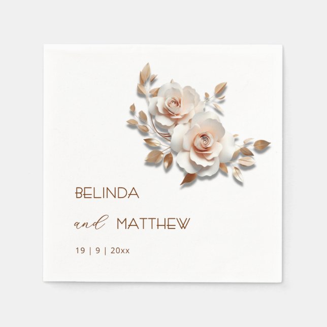 Guardanapo De Papel Rosas Rosa Bege Dourado Casamento (Frente)