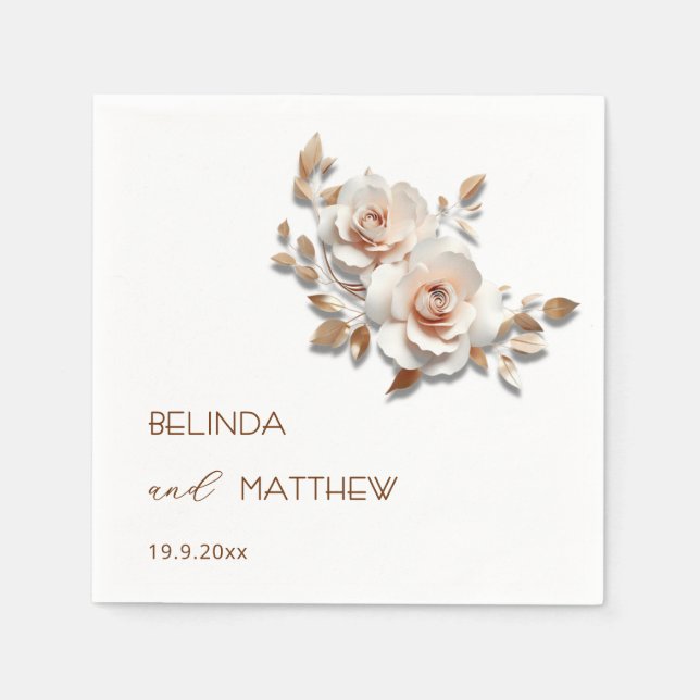 Guardanapo De Papel Rosas Rosa Bege Dourado Casamento (Frente)