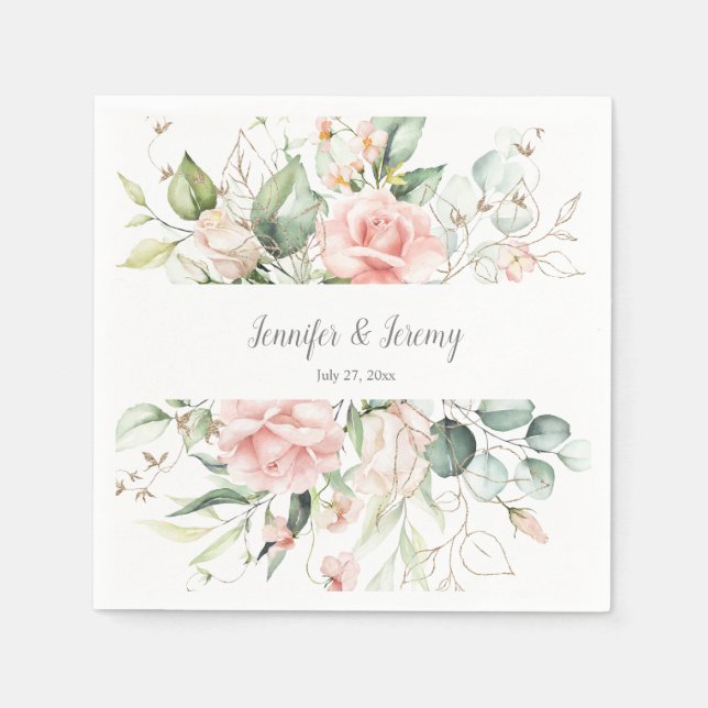 Guardanapo De Papel Rosas rosa Douradas Folhas Eucalyptus Greenerescên (Frente)