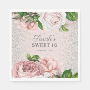 Guardanapo De Papel Rosas Rosa Prata Floral Brilhante Doce 16