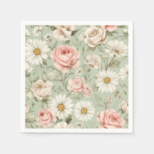 Guardanapo De Papel Rosas Rosas Margaridas Brancas Floral