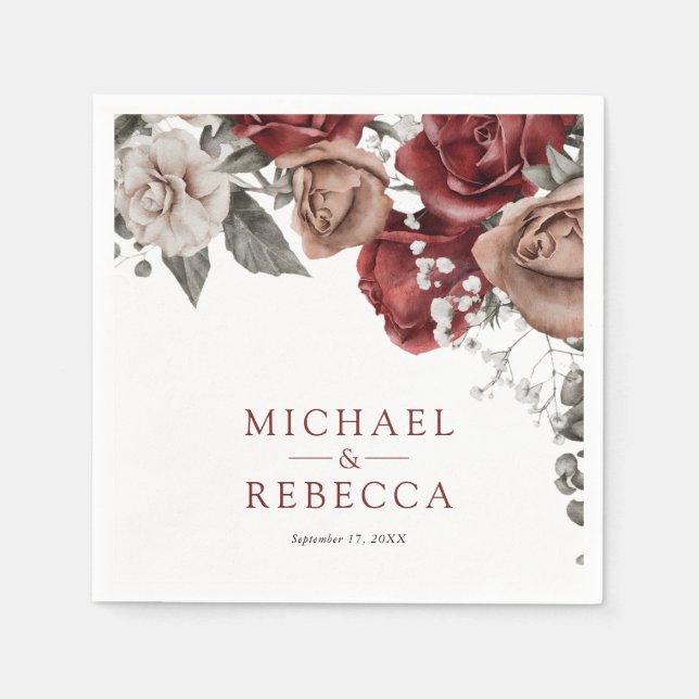 Guardanapo De Papel Rosas Vermelhas Borgonha Casamento Floral (Frente)