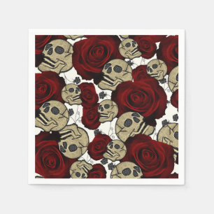 Guardanapo De Papel Rosas Vermelhas e Caveiras Cinza Preto Floral Góti