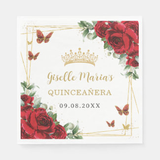 Guardanapo De Papel Rosas Vermelhas Floral Borboletas Douradas Quincea