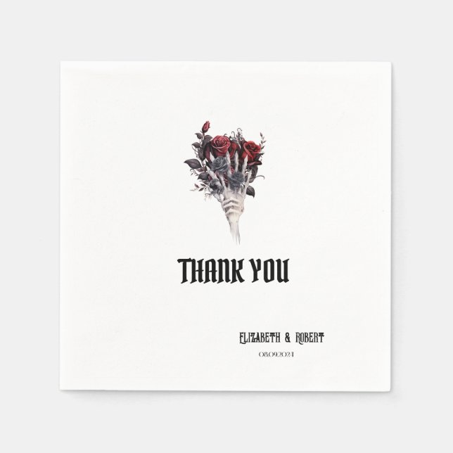 Guardanapo De Papel Rosas vermelhas Gótica Esqueleto Obrigado (Frente)