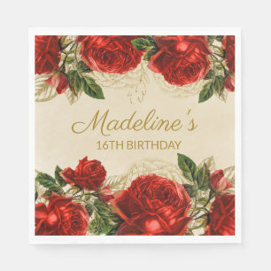 Guardanapo De Papel Rosas Vermelhas Vintage Elegantes Aniversário de 1