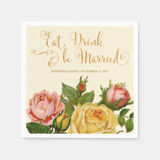 Guardanapo De Papel Rosas Vintage, Recepção de casamento Napkins (Frente)