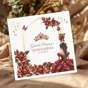 Guardanapo De Papel Rosase Tiara Dourada Vermelha Quinceañera