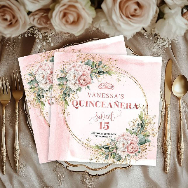 Guardanapo De Papel Rose Gold Blush Floral Greenery Napkin Mis Quince (Rose Gold Blush Floral Greenery Napkin for Mis Quince)