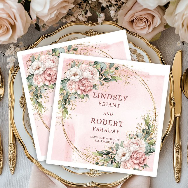 Guardanapo De Papel Rose Gold Wedding Floral Greenery Gold Glitter  (Rose Gold Wedding Floral Greenery Gold Glitter Napkins)
