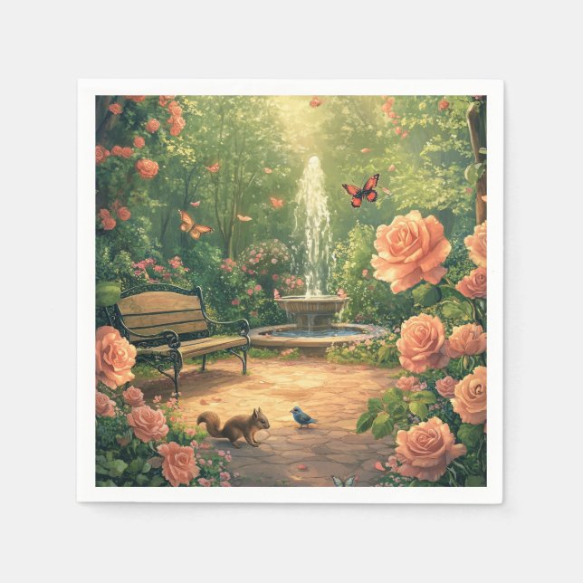 Guardanapo De Papel Rosengarten mit Springbrunnen mit Schmetterling (Frente)
